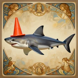 great white shark, side view, with a conical orange traffic cone instead of a fin - ron cheng & alphonse mucha, highly detailed, digital painting, ray tracing, concept art, illustration, smooth sharp focus, intricate, symmetry, artstation,