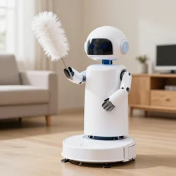 a robot wearing a pini, cleaning the house with a feather duster