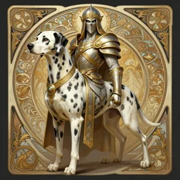 anthropomorphic dalmatian warrior, D&D, fantasy, intricate, elegant, highly detailed, digital painting, artstation, concept art, matte, sharp focus, illustration, hearthstone, art by Artgerm and Greg Rutkowski and Alphonse Mucha