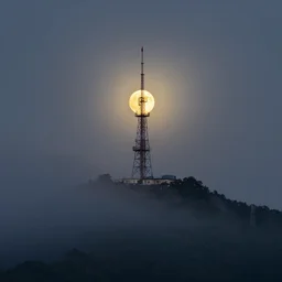 Night photography of a misty mountain with a radio tower on top, and a yellow moon directly behind it. Lens compression