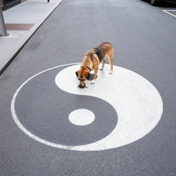 a dog doing his droppings on a yin yang symbol depicted on the ground in a street of new york city, wide angle