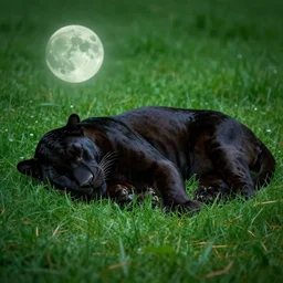 a black panther sleeping, under green moonlit grass, 4 k, hd, realistic