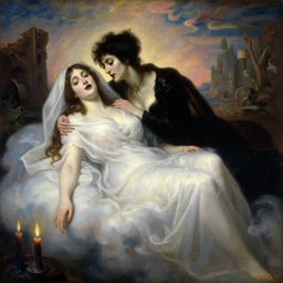a renaissance oil painting by Alma Tadema of Demonic beautiful vampire woman mistress of death mourning widow, body emerging from clouds with a faint smile dark lipstick, ruins in the background, dark lit candles in the foreground, colourful pastel trending artstation, detailed portrait academic caravaggio Bouguereau, sharp focus medium shot