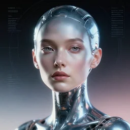 retrofuturistic portrait of a cyborg woman, reflective gradient, space graphics art in background, close up, quint buchholz, wlop, dan mumford, artgerm, liam brazier, peter mohrbacher, raw, featured on artstation, octane render, cinematic, elegant, intricate, grain, 8 k