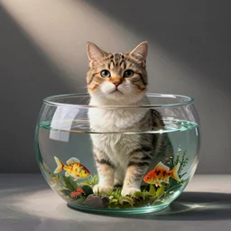 a cat dressed as a dog in a fish bowl
