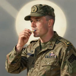 usmc sargent eating crayons, realistic, illustration