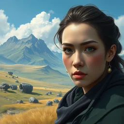 a portrait of a character in a scenic landscape, highly detailed, digital painting, artstation, concept art, sharp focus, medium long shot, by ross tran, mary jane ansell, anna dittmann, stephan martiniere