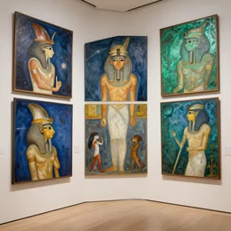 A modern museum of AI art, full of paintings by various artists from all over the universe, \'by Georges Seurat and Louis Wain, style of Sumerian, copper verdigris, in Ancient Egypt