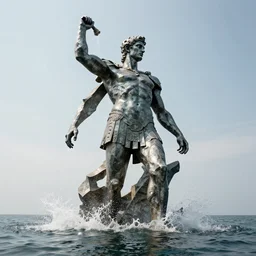a giant abstract sculpture of a legendary greek warrior god on the water, in the style of damien hirst, award winning, cinematic, hyper - realistic, very detailed, realistic water splashes, ray tracing, 8 k resolution, long - shot, sharp focus, low angle, 8 5 mm photograph, wide lens