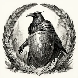 a stoic crow knight with dragonscales, within a circle of feathered reef, attack profile angle, centered on family crest! shield, coat of arms!, pencil and ink, very detailed, artstation, mysterious, mythical, greek mythology, norse mythology, full frame, dramatic shading, jonathan pointer, janie penny,