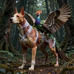 a high poly zbrush sculpt of a creature in a dark forest merged with high resolution photo, muscles normal map creature made of doglike class aves skin veins merged treeman, bump map strangled by plastic wrap bower bird creature wrinkles pheasant, ivy complex feathers exotic morphing hoopoe, zebra morphing wings king vulture head