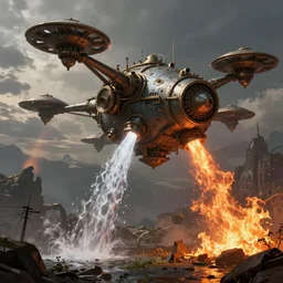 steampunk drones and a flying watertank shooting water on fire, digital art, artstation, concept art