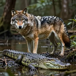 chimera made of a wolf and a crocodile, photo of wolf, photo of crocodile, trending on deviantart, trending on pixiv,  photo realism, realistic wood swamp, high quality photoshop