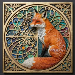 fox carving art, cell shading, voronoi,fibonacci sequence, sacred geometry by Alphonse Mucha, Moebius, hiroshi yoshida, Art Nouveau, colorful, ultradetailed, 3d