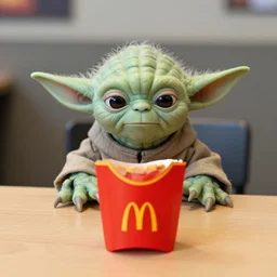 yoda, annoyed, yoda sitting behind a table inside mcdonald's, small red cardboard box on table, yellow m logo on box, 3 5 mm, f / 2. 8