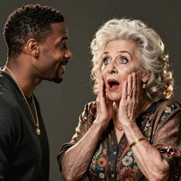 Steve Harvey looking at an ugly looking old lady shocked