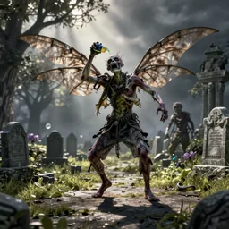 hyper realistic photography of drunk dancing zombie in graveyard apterus