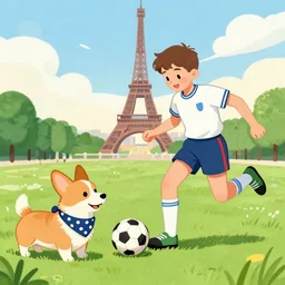 illustration of french boy in paris playing football against a corgi, the dog is wearing a polka dot scarf, comic, 1 9 6 2