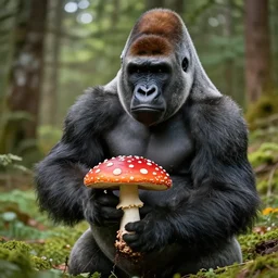gorilla holding an amanita muscaria made by beeple