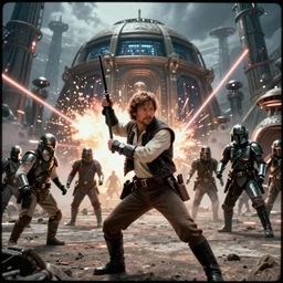 still image screenshot portrait of han solo defending wookies on mandalore, badass action scene with laser explosions and sparks, from the tv show mandalorian on disney +, scene in front of a strange building, moody mining planet, at - at imperial walkers, invading kashyyyk, anamorphic lens, 3 5 mm film kodak 1 9 8 0 s