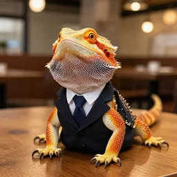 a bearded dragon at a restaurant wearing a suit