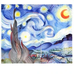 the starry night, excellent detailed drawing by edouard hopper, white and red
