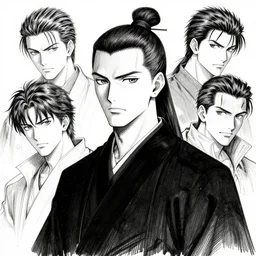 portrait of clean - shaven man with pony - tail hair up wearing black robes, pen and ink, intricate line drawings, by craig mullins, ruan jia, kentaro miura, greg rutkowski, loundraw