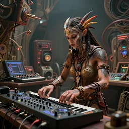 a dynamic photo of a post apocalyptic tribal cyborg dj tweaking and playing synthesizers in the most complicated fractal and technical musical studio, powerful, cinematic, beautifully lit, by donato giancola, by artgerm, by karol bak, 3 d, perfect face and body, trending on artstation, octane render, 8 k
