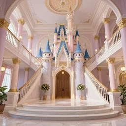 “Entry foyer to Cinderellas castle, wide grand staircase, high ceiling, pastel color palette, concept art”