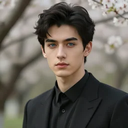 detailed cinematic wide shot of beautiful attractive young man black clothes black hair no beard slim face symettrical face clean skin blue eyes black clothes, ultra realistic, spring light, painting by gaston bussiere, craig mullins, j. c. leyendecker