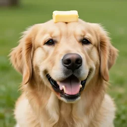 happy golden retriever with a slice of butter on head