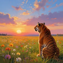 a tiger watching a sunset, surreal photography, flower field, beautiful sunset on a summer day light, impressionist painting, colorful clouds, blue sky, digital painting, artstation, simon stalenhag