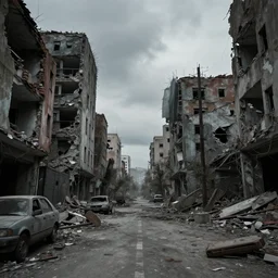 an apocalyptic derelict city street with destroyed buildings on the sides