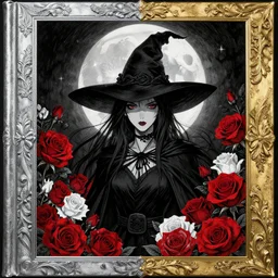 silver and  golden elements at frame borders, portrait, A beautiful dark witch in front of the full big moon, book cover, red roses, red white black colors, establishing shot, extremly high detail, foto realistic, cinematic lighting, pen and ink, intricate line drawings, by Yoshitaka Amano, Ruan Jia, Kentaro Miura, Artgerm, post processed, concept art, artstation, matte painting, style by eddie, raphael lacoste, alex ross