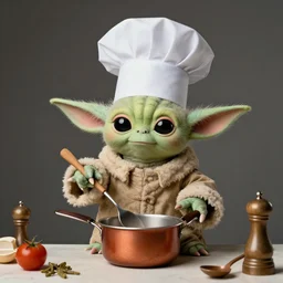 3 yo yoda with a chef hat, cooking, studio lighting, in the style of annie leibovitz - h 6 4 0