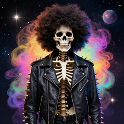 skeleton with an afro wearing a spiked leather jacket, stylized, random rainbow mist, spacey, solar system background