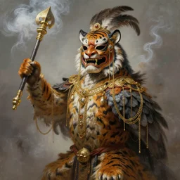 masterful fantastic realist painting an exotic ancient feathered and bejeweled bird wearing an exquisitely painted bugaku mask of a tiger, gold chains strung like tinsel, viciously blinded, bugaku tiger cosplay, gilt vajra, swinging holy censors with thick smoke,, digital painting trending on artstation, volumetric lighting and mist, 3 / 4 portrait painting, hyper