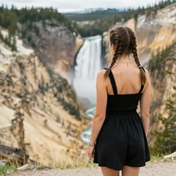 a girl with plaits, wearing a black summerdress, back view, in yellowstone