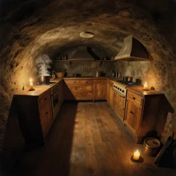 volumetric shadows, volumetric lighting, black goya painting of underground, basement, fisheye, curved perspective, naive, extra narrow, wooden kitchen, pot with steam on the burner, spoons, large floor, by rhads and gaudi, candle light, warm