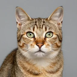 studio color photo, cat with a human face