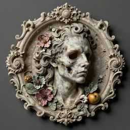 undead, punk rock, male, fruit and flowers, botanical, vanitas, sculptural, baroque, rococo, intricate detail, spiral, ornamental, decomposing