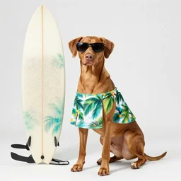 vizsla!!! wearing ( ( ( sunglasses ) ) ) hula skirt tropical surfboard 4 k photography
