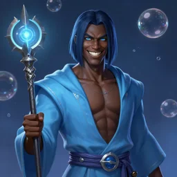 Portrait of a Male hydromancer, DND, D&D, navy hair, short straight hair, light blue robes, black skin, blue eyes, grin, metallic scepter, bubble background, exposed midriff, extremely detailed, by frank franzzeta, mcbess, WLOP, Genzoman and gary gygax, trending on artstation, artstationHD, artstationHQ, deviantart, 16K, HD, matte painting, vibrant colors