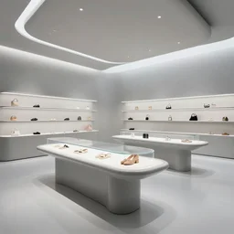 futuristic store interior with display tables, by liam wong