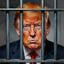 prison cell behind bars of jail gediminas pranckevicius | close up portrait of a evil trump with orange hair behind jail bars in the sinister, one mouth, one nose, two eyes, valley of despair, oil painting by tomasz jedruszek, cinematic lighting, pen and ink, intricate line, hd, 4 k, million of likes, trending on artstation