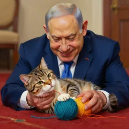 benjamin netanyahu smiling blushing playing with a kitty on carpet, yarn ball, rich vivid colors, highly detailed, close - up, digital painting