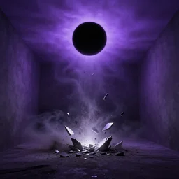 a dark matter wind and dust pieces of purple sky with a black sun falls to the ground and breaks into fragments, metallic light, futurism, schizophrenia, hyperrealistic fall, closed limbo room