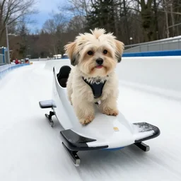 a cream-colored havanese dog in a bobsled, gopro photo, 4k