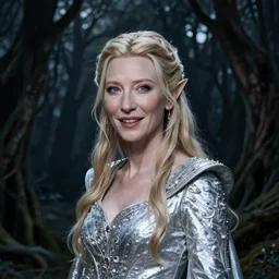 portrait of mischievous, dangerous, thirtysomething Galadriel (Cate Blanchett) as a queen of elves, dressed in a refined silvery garment. The background is a dark, chilling eastern europen forrest.  night, horroristic shadows, higher contrasts, (((lumnious))), theatrical, character concept art by ruan jia, thomas kinkade, and J.Dickenson, trending on Pinterest