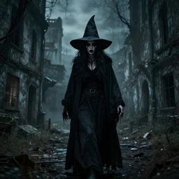 scary witch, dark theme, abandoned city, realistic, 8 k